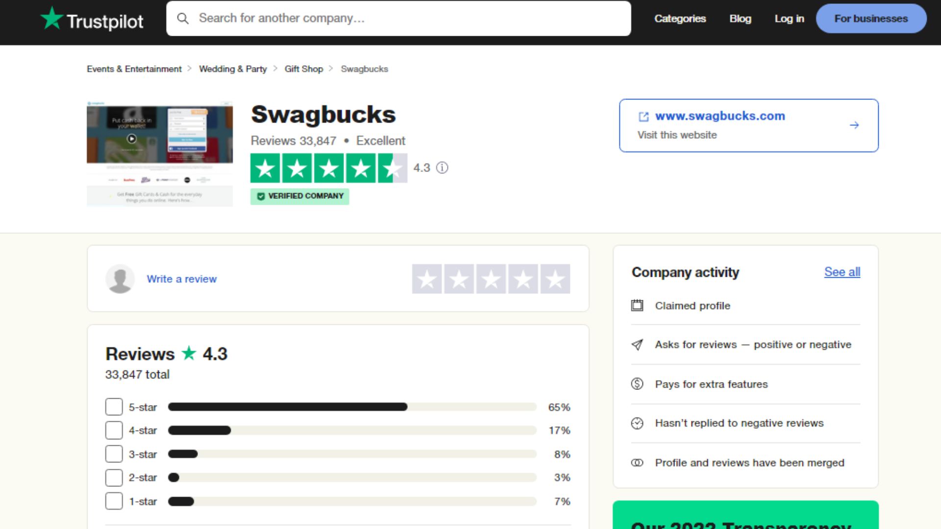 Swagbucks review on Trustpilot