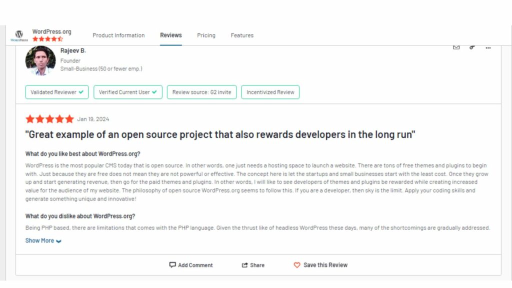 wordpress.org review on g2