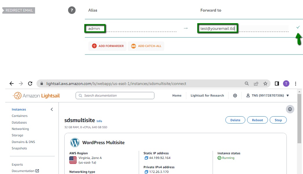 Wordpress multisite dns management email forwarding